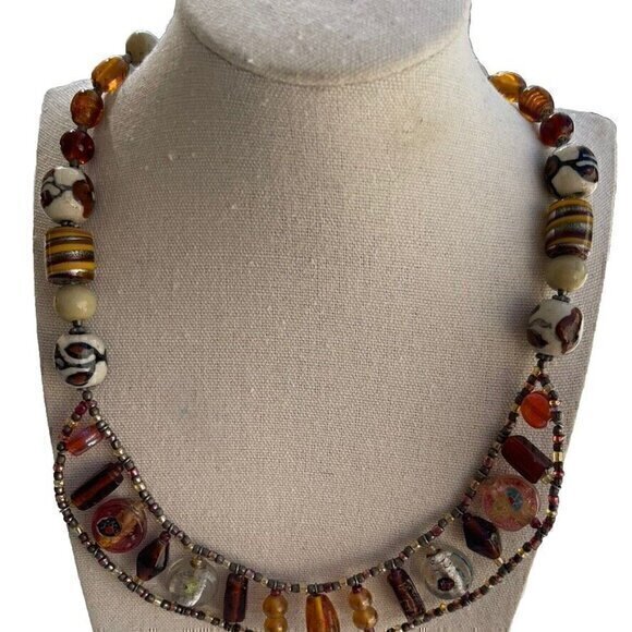 Vintage, Unbranded, Estate Jewelry - Vintage Amber & Glass Faceted Bead and Porcelain Flower Boho Necklace 21 inches